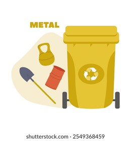 Recycling metal waste in a bright yellow bin with tools beside it for efficient disposal