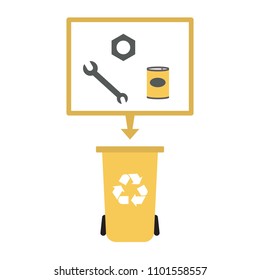 Recycling metal waste concept vector image. Different types of metal waste going to yellow bin