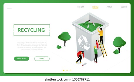 Recycling - modern colorful isometric vector web banner with copy space for text. Website header with male, female characters sorting waste, dropping litter, plastic bottles into bin. Ecology concept