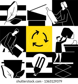 Recycling - modern flat design style conceptual illustration. Black and white composition with family, man, woman, boy sorting waste, throwing litter into bins for glass, paper, lightbulbs. Eco theme