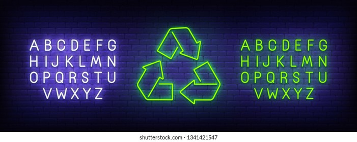 Recycling neon sign, bright signboard, light banner. Recycling  logo, emblem and label. Neon sign creator. Neon text edit