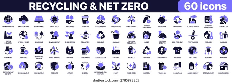Recycling and net zero icon collection in purple colored style. Includes renewable energy, recycling, ecology, pollution control, solar power, sustainability and green planet icons in flat fill style