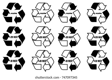 Recycling - no waste - zero waste - black and white vector set,  recycle logo