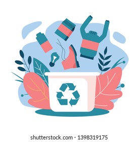 Recycling. Old things fall into the trash can: paper packaging, glass bulb, shoe, sweater, electric battery. Recyclable sign. Flat Vector Illustration.
