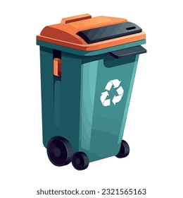 Recycling on blue garbage container lid over white