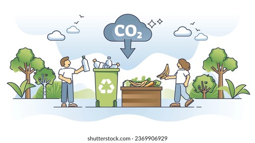 Reciclando nuestra responsabilidad de reducir el concepto del contorno de plástico y basura. Reciclar botellas en recipientes y restos de alimentos en ilustración vectorial de compost. Salvar la naturaleza y eliminar la basura biodegradable.