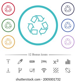 Recycling outline flat color icons in circle shape outlines. 12 bonus icons included.