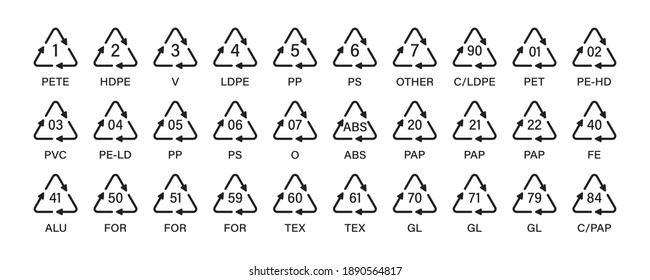 Recycling package vector icon set. Cardboard box marking with bio reduce triangle collection.