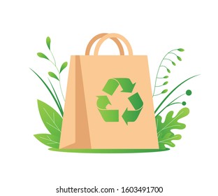 Recycling packages. Environmental protection, responsible consumption.  Eco pack of paper on a background of green leaves, recycling symbol. The concept of respect for nature. Vector illustration/
