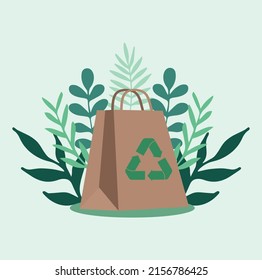 Recycling packages. Environmental protection, responsible consumption. Eco pack of paper on a background of green leaves, recycling symbol. The concept of respect for nature. Vector illustration