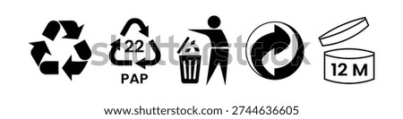 Recycling and Packaging Symbols Set – Recyclable Icon, PAP 22 Paper Code, Green Dot, Trash Bin, 12M Open Jar Cosmetic Symbol, Environmental Labels Black Vector Isolated on White