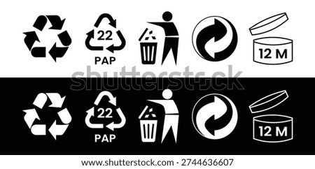 Recycling and Packaging Symbols Set – Recyclable Icon, PAP 22 Paper Code, Green Dot, Trash Bin, 12M Open Jar Cosmetic Symbol, Environmental Labels Black Vector Isolated on White