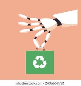 Recycling paper bags and boxes with recycling symbol in robot hand. Reusable grocery bags. Flat vector illustration.