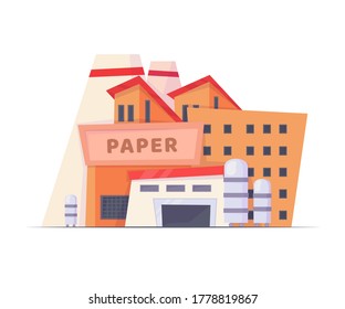 Recycling paper factory building. Waste Recycling Concept. Ready for game design, web, mobile app design. Vector cartoon flat illustration isolated on white backdrop.
