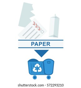 Recycling paper garbage and waste image. Separation of garbage. Waste management Flat vector cartoon illustration. Objects isolated on a white background.