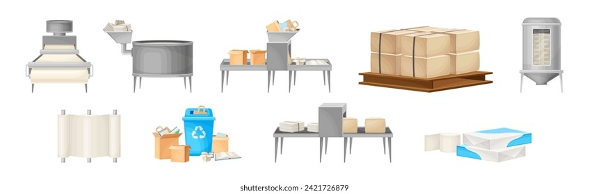 Recycling of Paper with Industrial Manufacturing Vector Set
