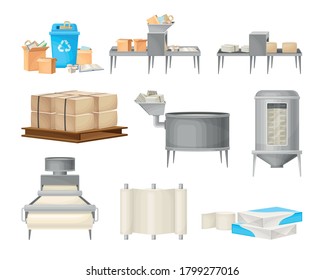 Recycling of Paper with Piles of Waste Paper Turning into Slurry, Cleaning and Making New Product Vector Set