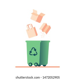 Recycling paper waste. Cardboard falls into a Green trash can with a recycle symbol. Flat vector ecology concept for landing page, template, ui, web.