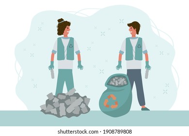 Recycling people clean up the waste. Eco-illustration sorting waste, Save the planet. Environmental characters sort waste. Use an eco-friendly bag and a reusable cup for Plastic, metal, paper 