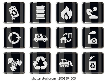 Recycling pictograms in black chrome buttons. icon set for user interface design