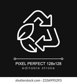 Recycling pixel perfect white linear icon for dark theme. Waste materials. Isolated vector illustration. Thin line illustration. Isolated symbol for night mode. Editable stroke. Poppins font used