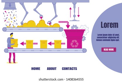 Recycling Plant Banner Vector Illustration. Factory for Waste Disposal. Machine or Conveyor with Grippers Carrying Garbage in Landfill. Cartoon Man Holding Boxes with Sorted Rubbish.