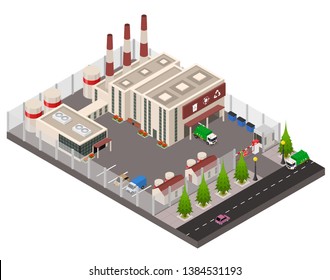 Recycling Plant Concept 3d Isometric View Include of Factory Building, Truck and Pipe for Marketing. Vector illustration