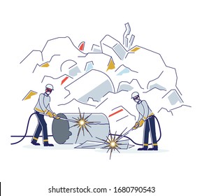 Recycling Plant For Old Broken Metal Things. Welders In Protective Uniform Working On Junkyard Cutting Old Scrap Metal With Torch For Recycling. Cartoon Linear Outline Flat Style. Vector Illustration
