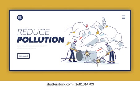 Recycling Plant For Old Broken Metal Things. Website Landing Page. Men Work On Junkyard Cutting Scrap Metal With Torch For Recycling. Cartoon Linear Outline Flat Style. Vector Illustration