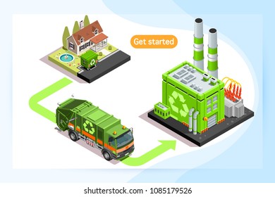 Recycling plant and waste truck, isometric truck caring waste. Can use for web banner, infographics, hero images. Flat isometric vector illustration isolated on generic background.