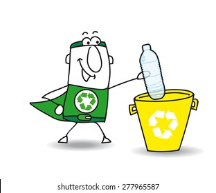 Recycling a plastic bottle with Joe. Recycle-Man the superhero recycles a plastic bottle in a specific trash