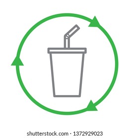 Recycling plastic cup and straw icon. Stroke outline style. Vector. Isolate on white background.