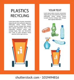 Recycling of plastic debris. Bag and trash can. Used plastic bottles. Illustration on an orange background for a banner for sorting waste. Vector.