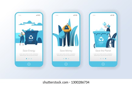 Recycling Plastic Garbage Bin Mobile App Page Onboard Screen Set. People Reuse Trash to Reduce Nature Pollution. Eco Energy Character Concept for Website or Web Page. Flat Cartoon Vector Illustration