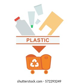 Recycling plastic garbage and waste image. Separation of garbage. Waste management Flat vector cartoon illustration. Objects isolated on a white background.