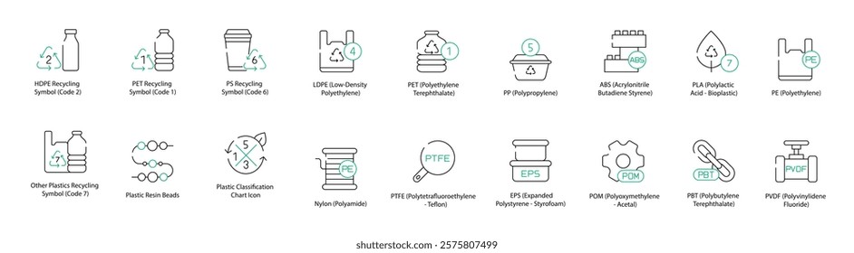 Recycling and Plastic Material Icons - HDPE Recycling (Code 2), Other Plastics (Code 7), PET (Code 1), Plastic Resin Beads, PS Recycling (Code 6), Plastic Classification Chart, LDPE, Nylon, PET, PTFE 