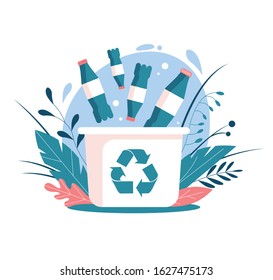 Recycling plastic waste. Plastic bottles in a trash can. Recycling symbol. Flat vector illustration.