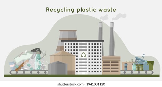 Recycling plastic waste into new products. Waste recycling plant with pipes, storage and building. Zero waste concept. flat vector illustration.