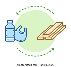Recycling plastic waste, synthetic waste recycle to building planks, ecologic climate neutral concept, isolated on white background.