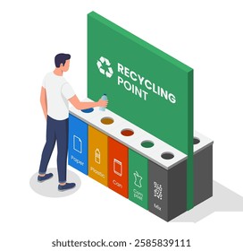 Recycling point concept. A man put bottle in categorized recycling bin. 3D isometric illustration. Isolated vector for banner, poster, presentation, infographic,  web, apps, and other uses.