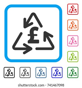 Recycling Pound Cost icon. Flat grey pictogram symbol inside a light blue rounded frame. Black, gray, green, blue, red, orange color additional versions of Recycling Pound Cost vector.