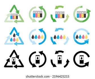 Recycling printer ink cartridges. Vector illustration. Icons.