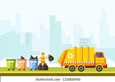 Proceso de reciclaje de la recolección de basura de contenedores separados vectores de contenedores. Hombre trabajando en recolectar desechos para ponerlos en transporte con bolsas. Servicio de reciclaje en la ciudad, reutilización de papel y plástico