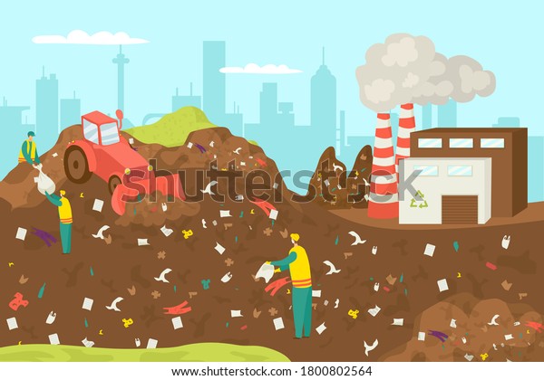 Recycling and processing waste industry\
plant. Truck at garbage recycle factory vector illustration. People\
characters working for the environment, rubbish disposal business.\
Trash recycle\
technology.