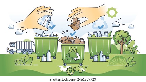 Recycling program with green waste management system outline hands concept. Material conservation and reuse for sustainable and environmental zero pollution disposal system vector illustration.