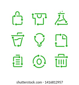 Recycling. Recyclable materials. Waste separation. Ecological concepts. Set of modern linear icons. Vector file.