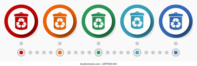 Recycling, recycle concept vector icon set, flat design colorful buttons, infographic template in 5 color options