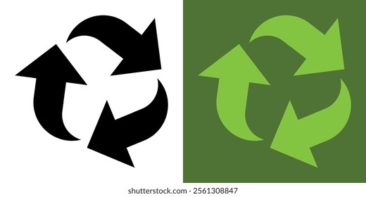 Recycling. Recycle icons. 3 green arrows. Recycling Symbol. Green and black icons for packaging, recycling. Ecology, environmentally friendly, environmental management symbols.