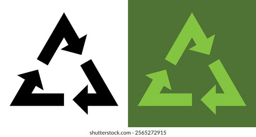 Recycling. Recycle icons. 3 green arrows. Reuse, green environment. Recycling Symbol. Green and black icons for packaging, recycling. Ecology.