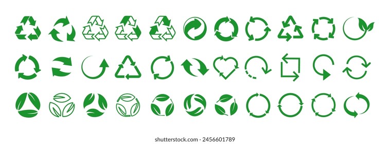 Recycling.Set Recycling-Symbole .Recycle-Logo oder -Symbol.Grüne Symbole für Verpackungen, Recycling.Ökologie, umweltfreundlich, Umweltmanagement-Symbole.Die meisten verwendeten Recycling-Zeichen Vektorgrafik. Reihe von Pfeilen Recycling.